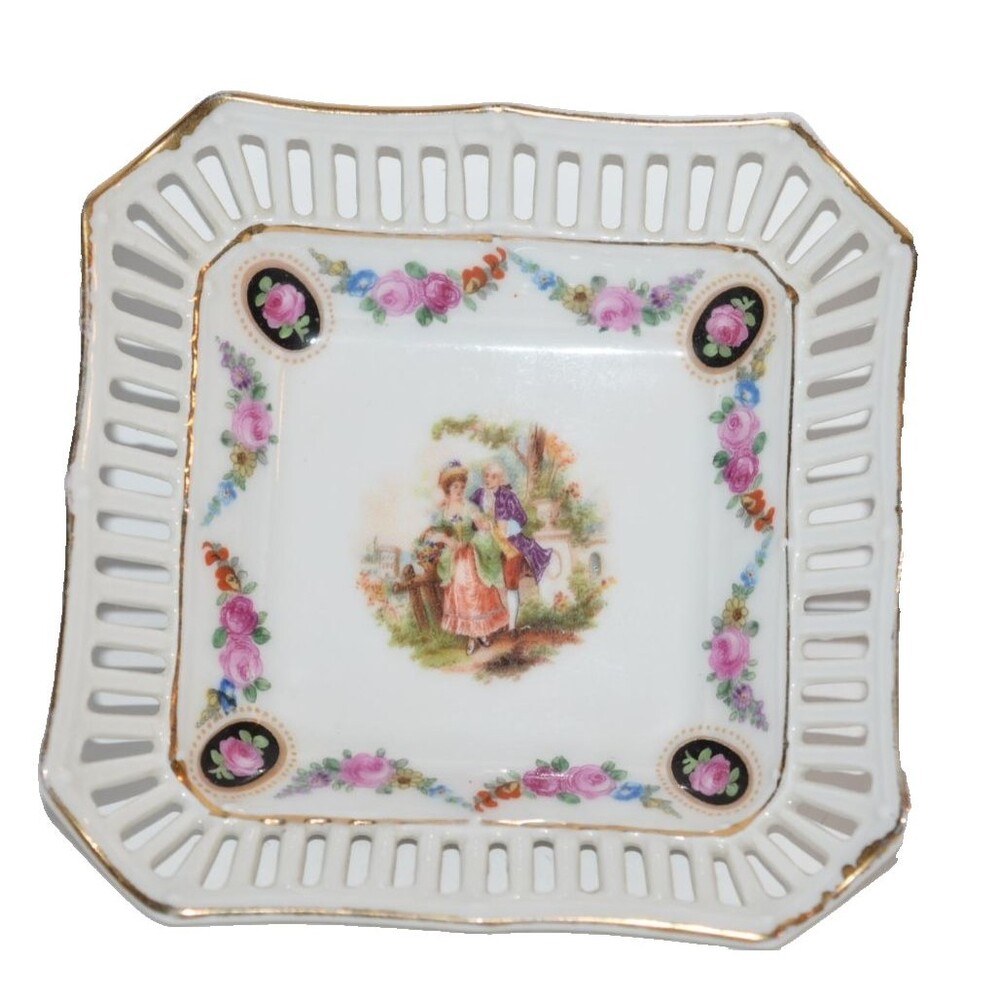 Vtg Reticulated Schumann Bavaria Trinket Bowl Germany courting couple ring dish